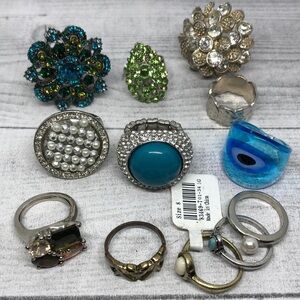 Huge bundle lot 12 rings sizes 8 and 9 variety costume and fashion